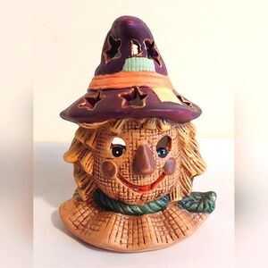 Vintage Halloween Fall Scarecrow Head Candle Votive Holder Figurine Ceramic 5”